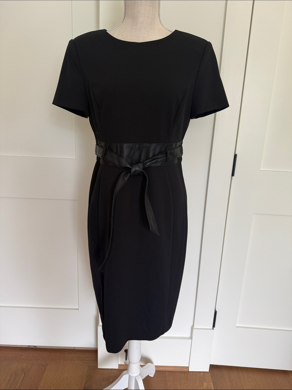 Calvin Klein Black Midi Dress with Faux-Leather Waist Tie